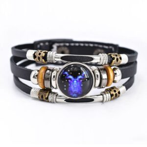 Glow in the Dark Leather 12 Zodiac Bracelet for Men and Women